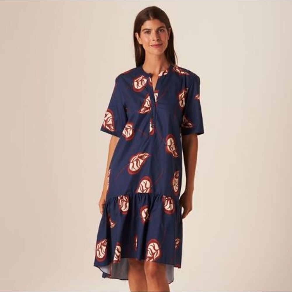 Tucker Laura Dress Midnight Begonias in Silk Cotton Ruffle Hem Leaf Print